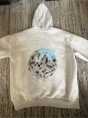 Light Gray Hooded Sweater with Blue Bow Disco Graphic